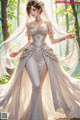 A woman in a wedding dress standing in the woods.