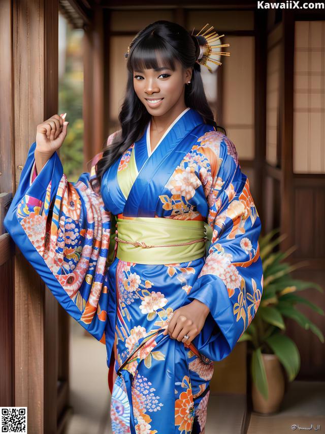 A woman in a blue and orange kimono posing for a picture.