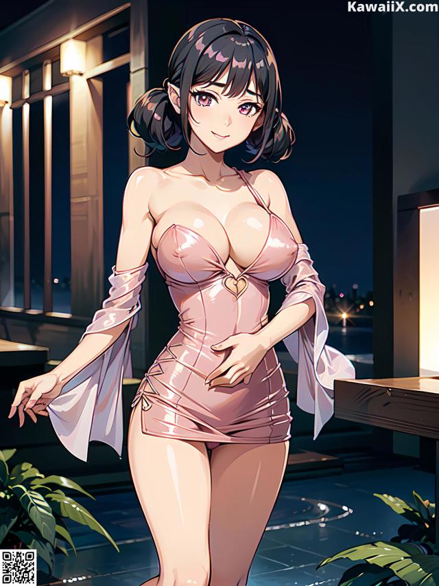 A woman in a pink dress standing next to a pool.