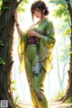 A woman in a green kimono leaning against a tree.