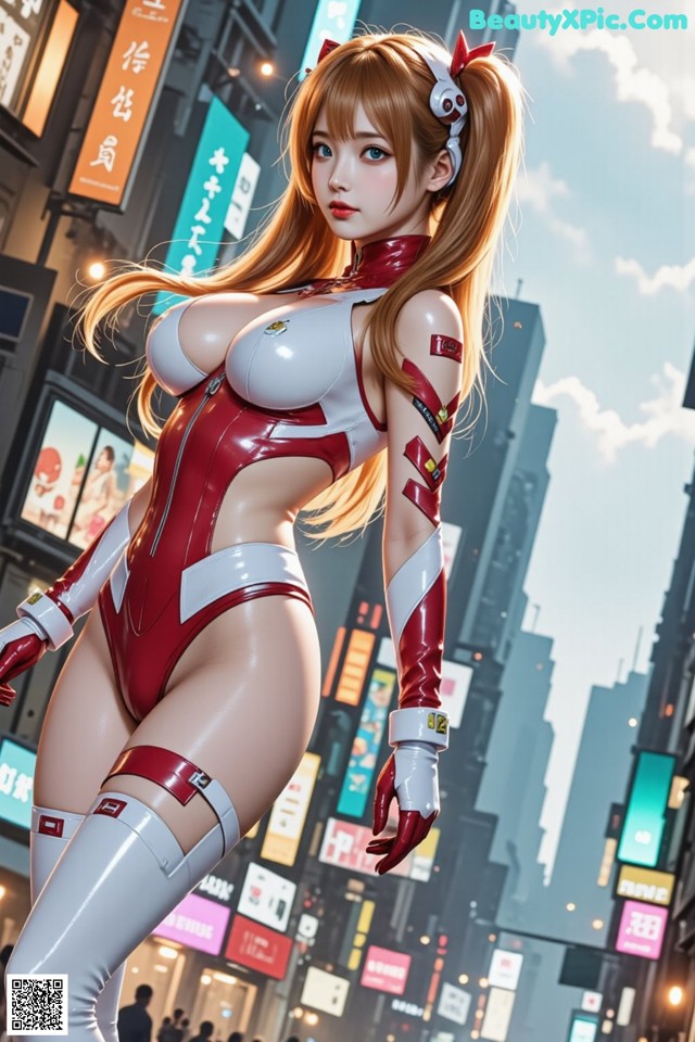 A woman in a red and white outfit standing in the middle of a city.