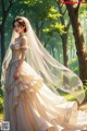 A woman in a wedding dress standing in the woods.