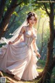 A woman in a wedding dress standing in the woods.