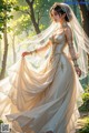 A woman in a wedding dress standing in the woods.