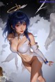 Anime girl with blue hair and angel wings posing for a picture.