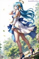 A woman with long blue hair standing on a rock.