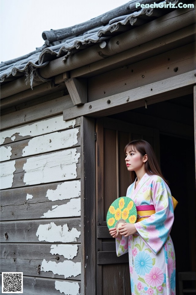 A woman in a kimono standing in front of a wooden building.
